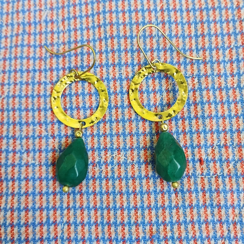 Oversized Emerald And Hammered Brass Dangle Earrings